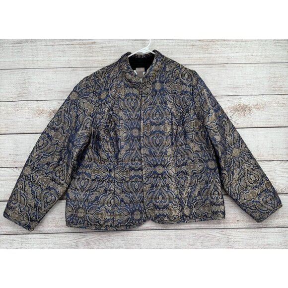 Chico's Quilt Lined Tapestry Jacket Womens Size 3/16/XL Blue/Metallic Open Front - Picture 1 of 14